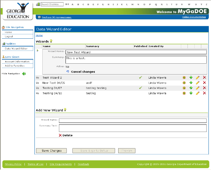 The Data Wizard page, showing the Save Changes button